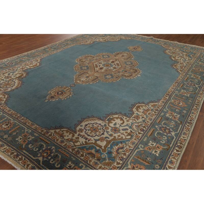 Blue Tabriz Vintage Persian Area Rug Hand-Knotted Wool Carpet - 9'4" x 12'7"