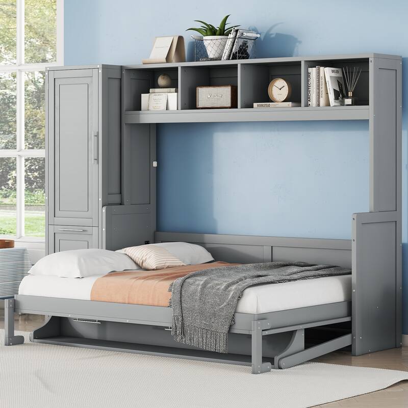 Full Size Murphy Bed with The Built-in top Shelf,Closet and Two Storage Drawers for Bedroom