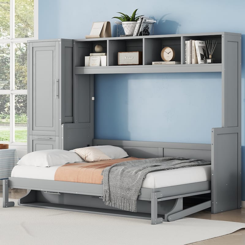 Queen/Full Size Murphy Bed Wall Bed with Closet and Drawers