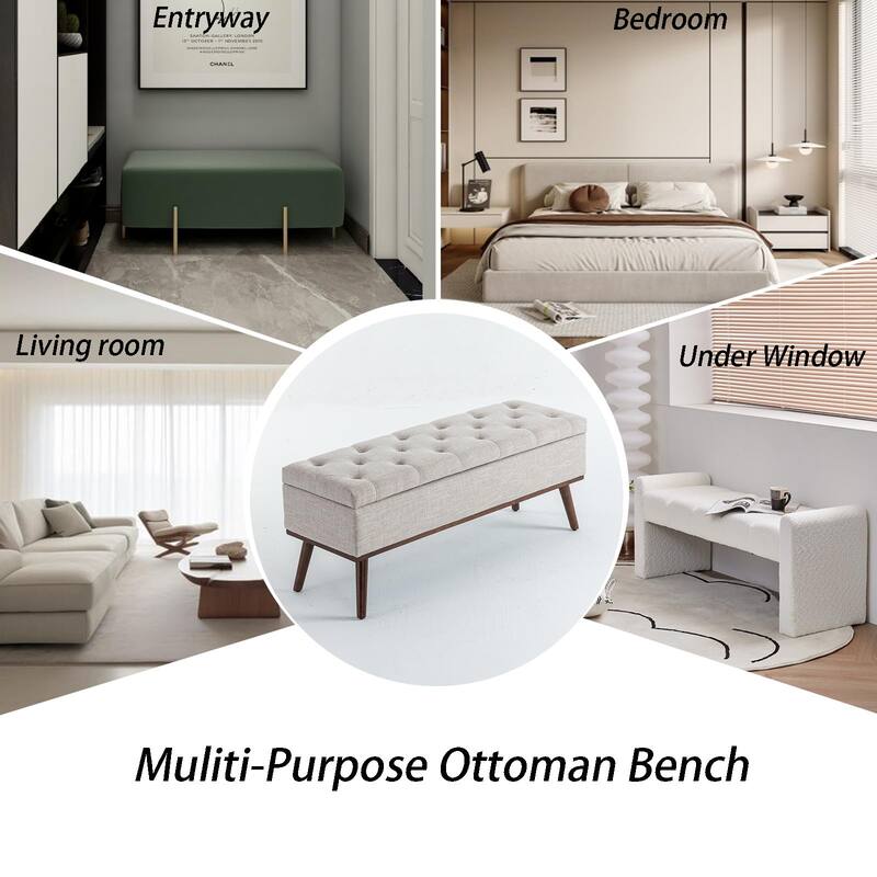 Linen Storage Ottoman Bench with Wood Legs, Upholstered Entryway Bench Tufted Mid Century Modern Ottoman Bedroom End of Bed