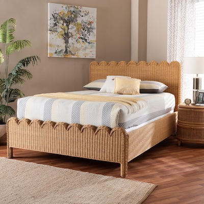 Maritza Scalloped Natural Rattan Bed Frame - Handwoven Wicker Headboard and Footboard with Decorative Edge Detail, Boho Coastal