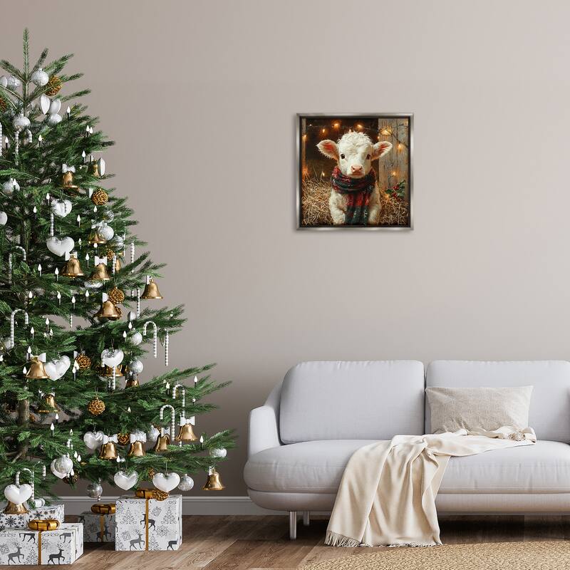 Stupell White Calf with Holiday Lights Framed Floater Canvas Wall Art Design By Riley B