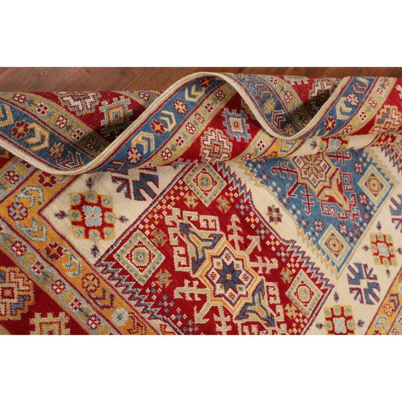 Geometric Kazak Oriental Area Rug Hand-Knotted Grey Wool Carpet - 4'10" x 6'5"