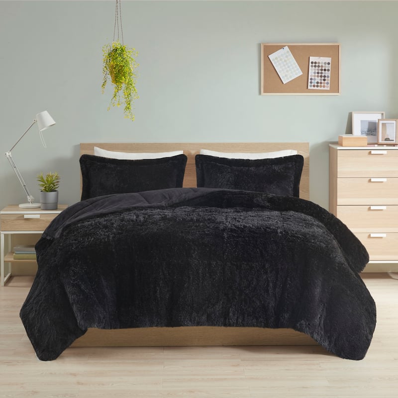 Intelligent Design Leena Shaggy Long Fur Comforter Mini Set - Black - King - Cal King