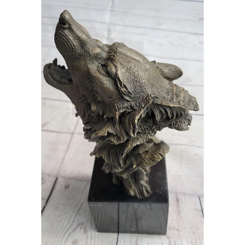 Holwing Wolf Head Bust Bronze Metal Statue Sculpture Figure On Marble Base Signed 12.5 Inches X 7 Inches