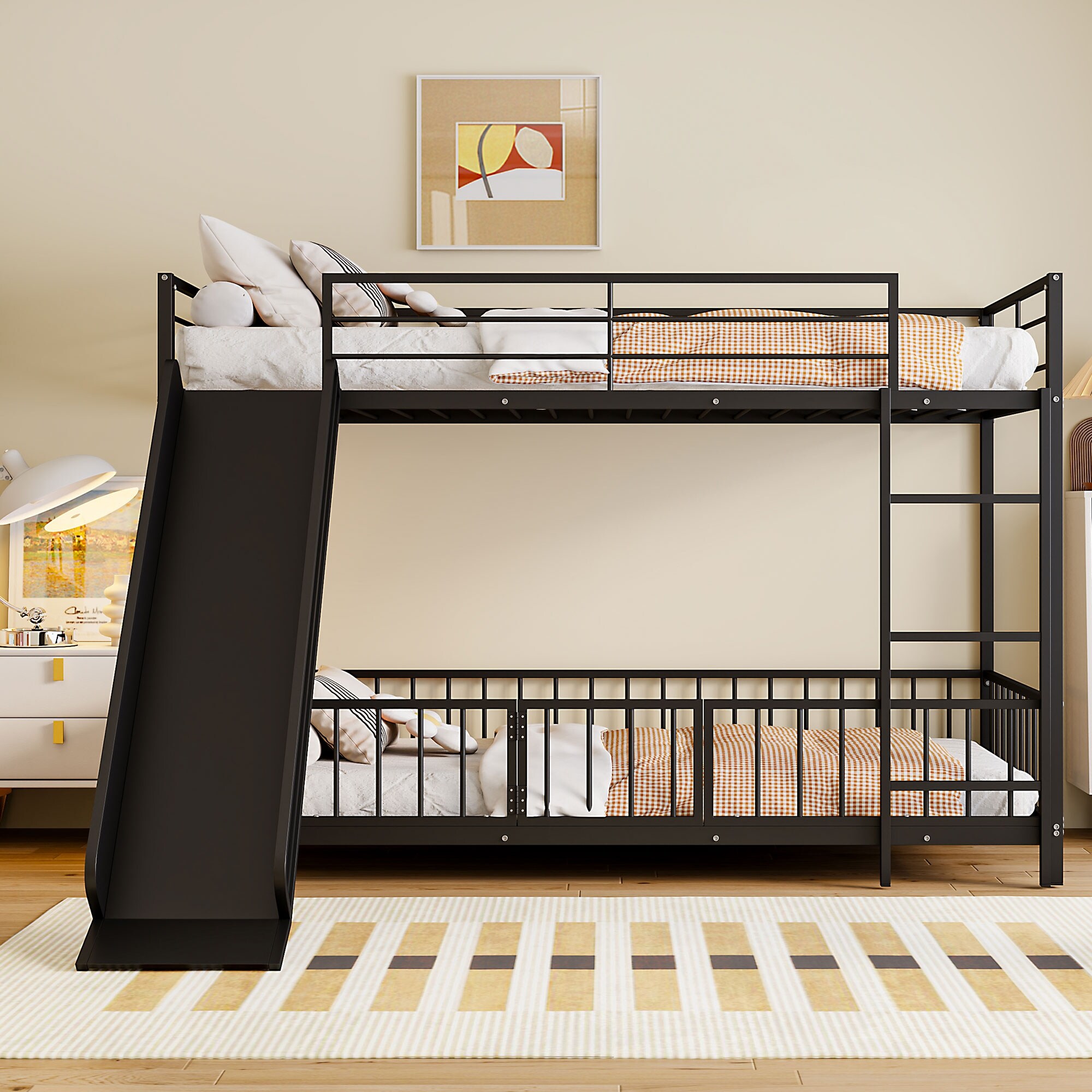 Full over Full Size Metal Bunk Bed with Slide and Guardrails