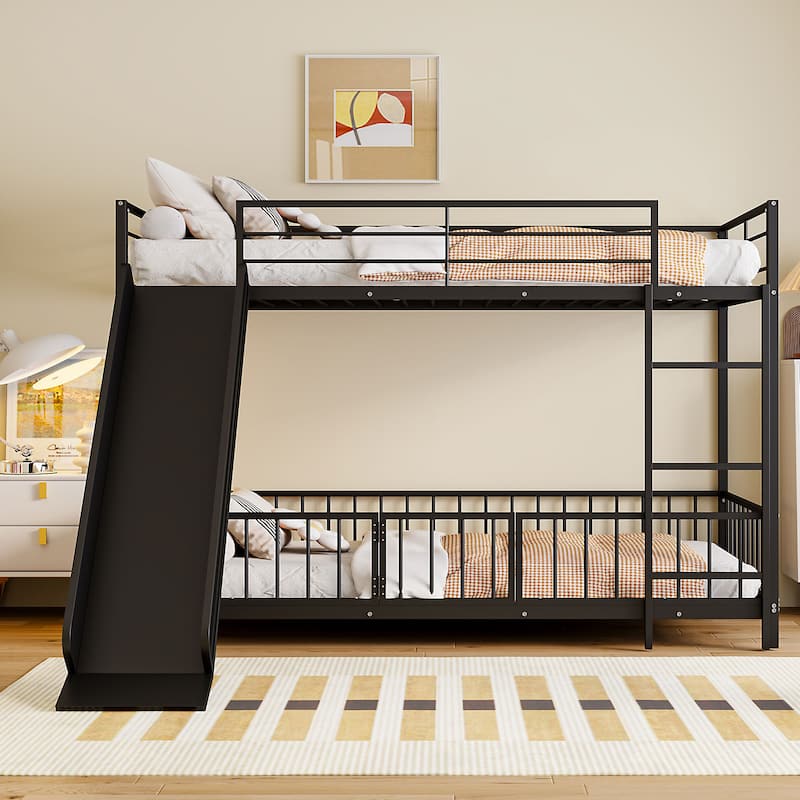Twin over Twin Metal Bunk Bed with Slide, Guardrails, and Convertible Loft Design, Black