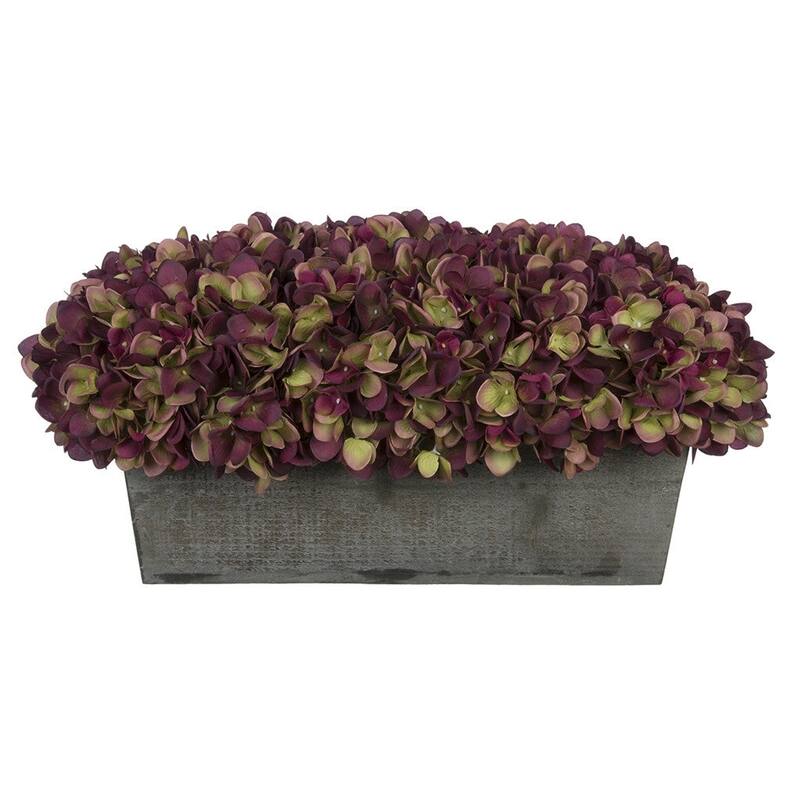 Faux Hydrangeas in Grey Wood Washed Ledge Planter - Plum