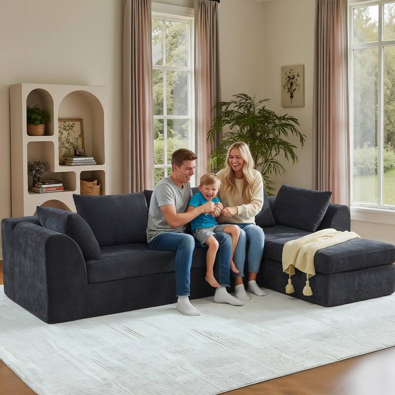118 inch Oversized 3 Seater Deep Seat L-Shaped Sectional Couches Cloud Chenille Modular Boneless Sofa with Movable Ottoman