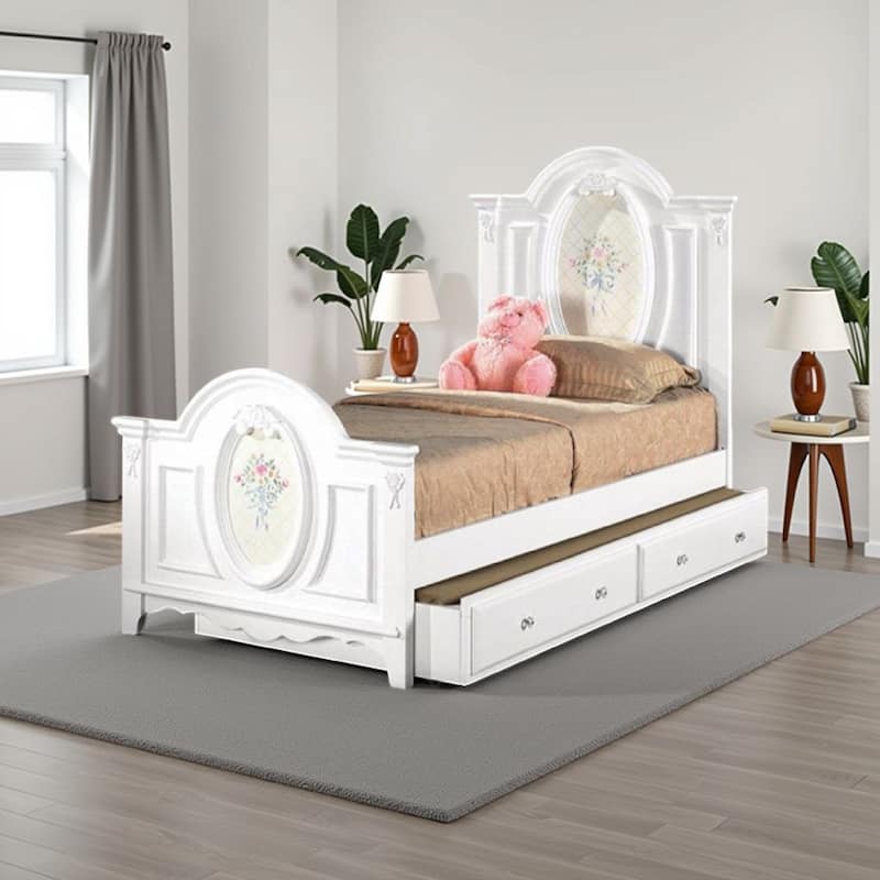 Auri Twin Size Bed, Floral Motifs Arched Headboard, Classic White Wood