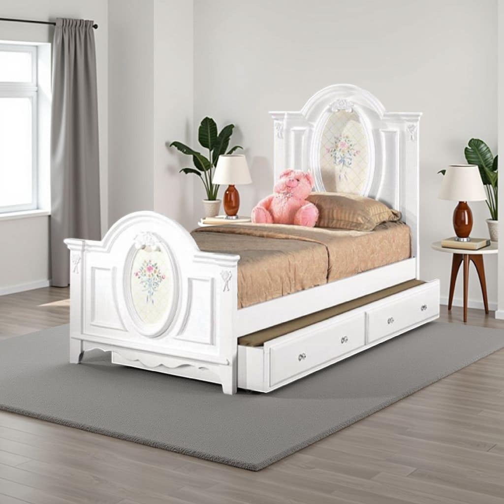 Auri Twin Size Bed, Floral Motifs Arched Headboard, Classic White Wood