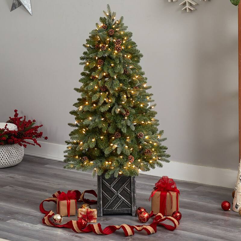 5Ft Flocked Artificial Christmas Tree with Lights - Holiday Decor, Pine Tree, Festive Tree, Indoor Tree - Green - 60