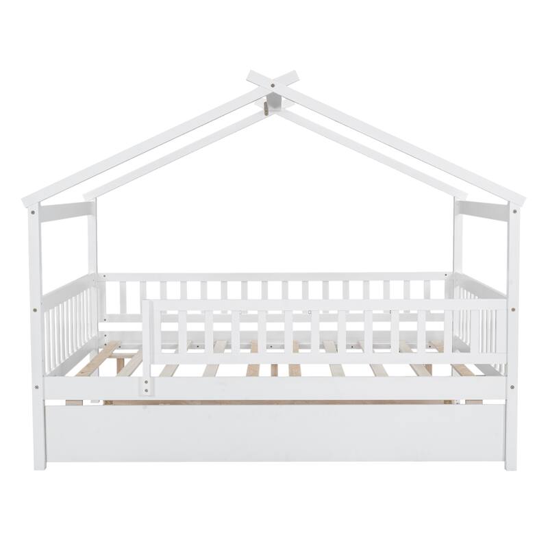Pine House Bed with Trundle, Guardrail & Roof