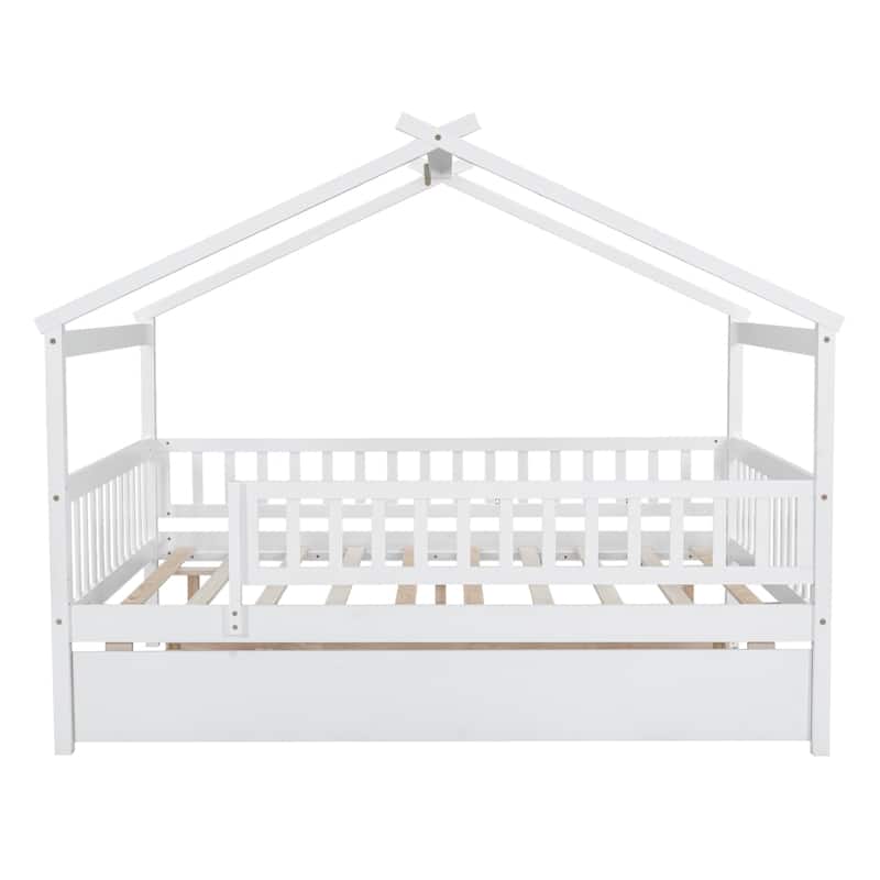 Montessori Bed House Bed with Trundle Bed and Headboard, Wood Daybed Platform Bed Frame No Box Spring Needed for Boys Girls