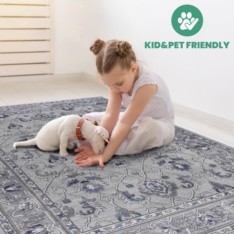 LOOM & LUXE Collection Grey/Blue/Oriental Non-Shedding Area Rug