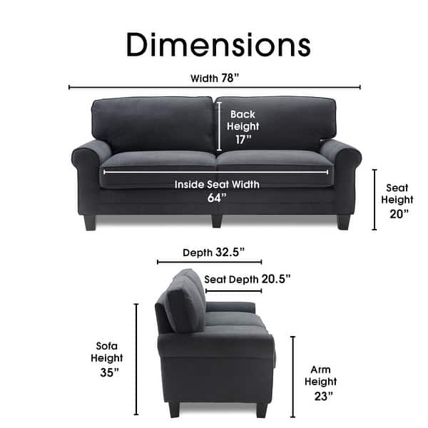 dimension image slide 10 of 11, Serta Copenhagen 78" Sofa Couch for Two People, Pillowed Back Cushions and Rounded Arms, Durable Modern Upholstered Fabric