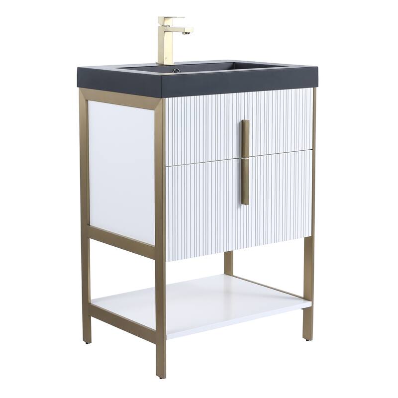Fine Fixtures Serenity Modern Bathroom Vanity with Black Gel Acrylic Top - White Matte - Brass Hardware - 24 inch