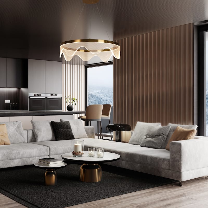 Fay Modern Gold LED Chandelier Drum Ceiling Lights for Dining Room Bedroom - D 23.6" x H 6"