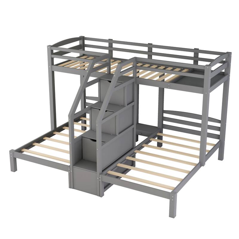 Twin over Twin & Twin Bunk Bed with Storage Staircase