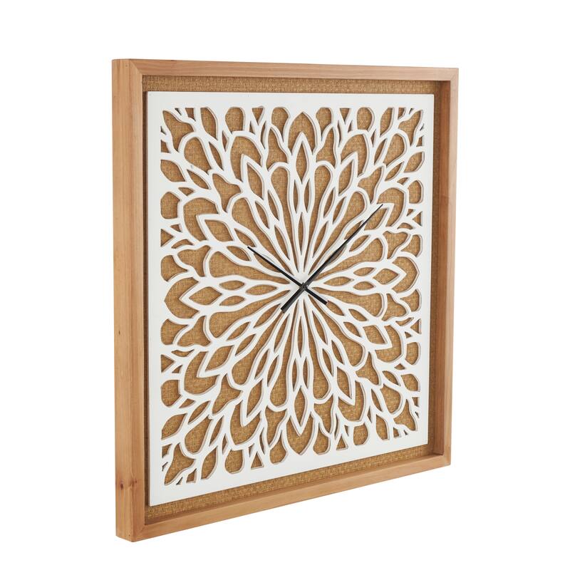 Brown Wood Floral Decorative Wall Clock with White Cutout Board - 2"W x 32"L x 32"H