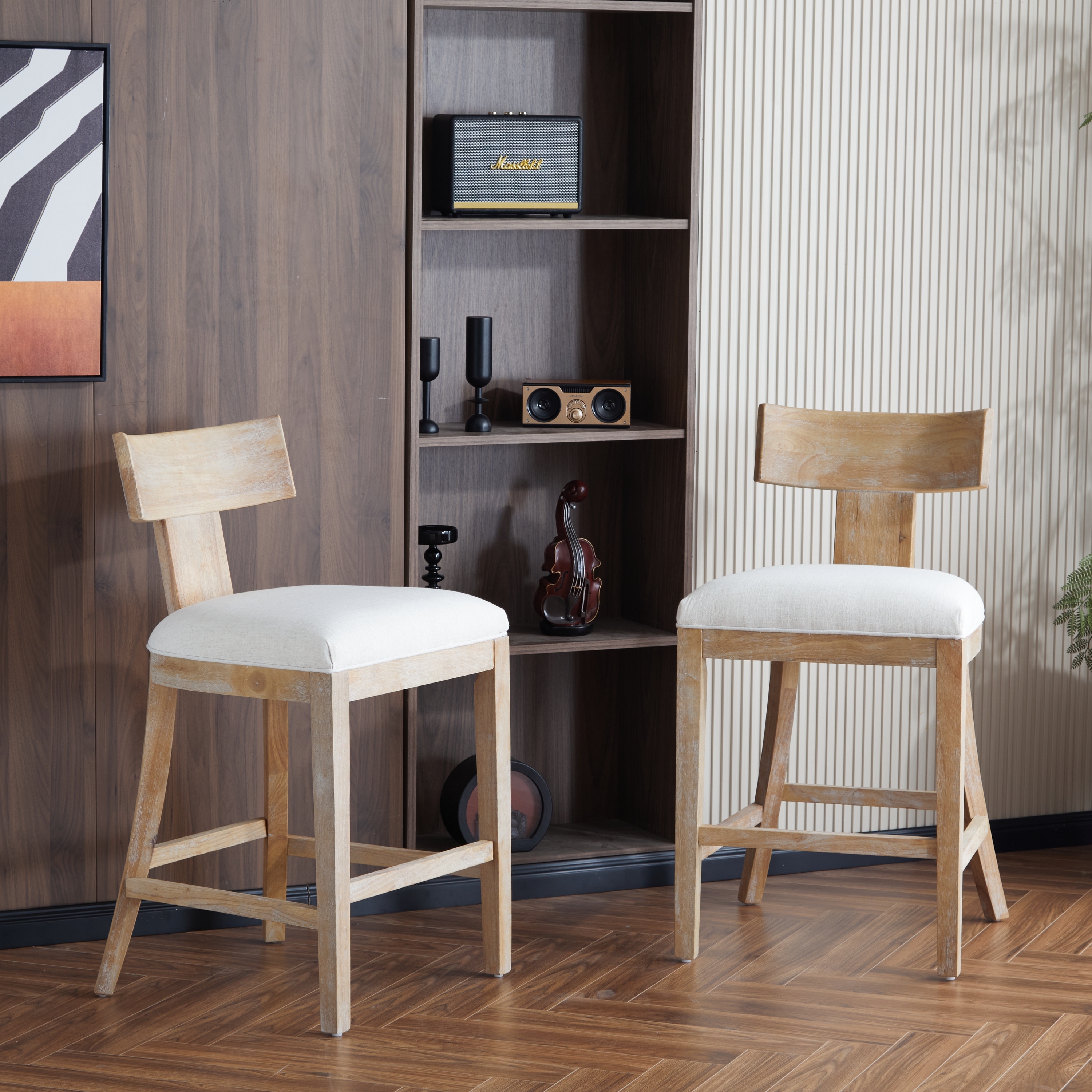 27" Counter Stools Set of 2, Upholstered Counter Height Bar Stools with Solid Rubber Wood Frame, Backrest, Footrest