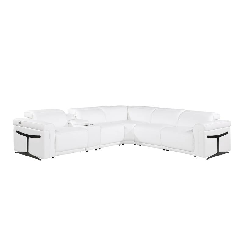 HomeRoots White Italian Leather Modular L Shaped Six Piece Corner Sectional With Console