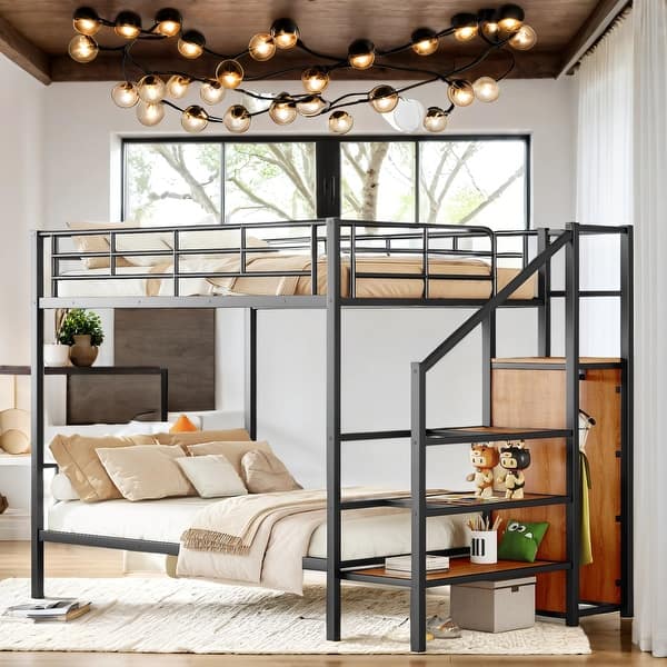 slide 2 of 11, Full Over Full Metal Bunk Bed, Loft Bed With Ladder Black