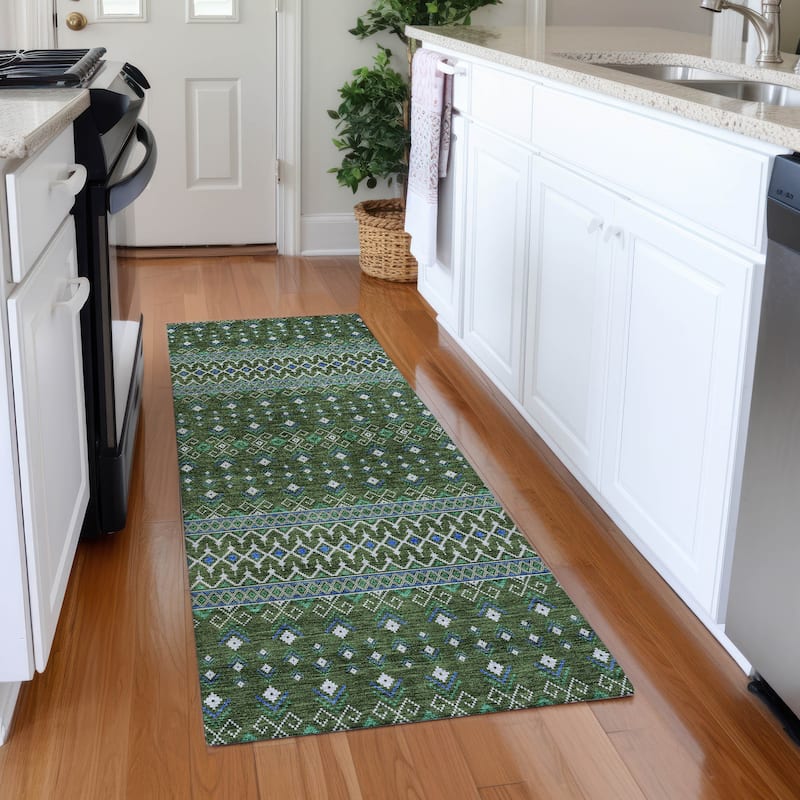 Machine Washable Indoor/ Outdoor Chantille Boho Morrocan Rug - Olive - 2'3" x 7'6"