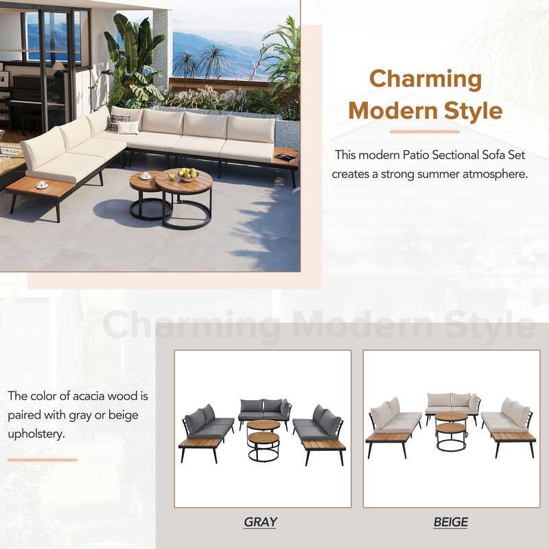 6-Piece Outdoor Patio Iron Modular Sectional Sofa Set with Nesting Coffee Tables and Side Storage Shelf