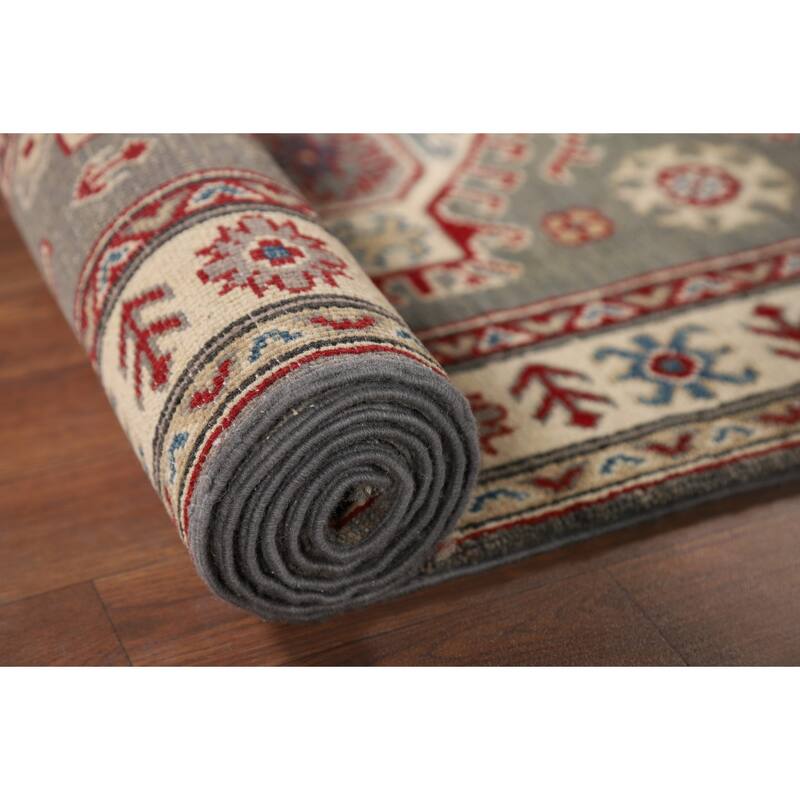 Geometric Kazak Runner Rug Handmade Oriental Grey Wool Carpet - 2'7" x 16'3"