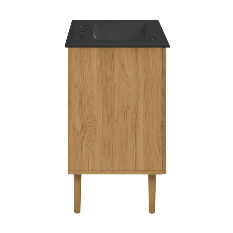 Bron 24 In. Brown Oak Bathroom Vanity With Black, 3-Hole Ceramic Sink Top