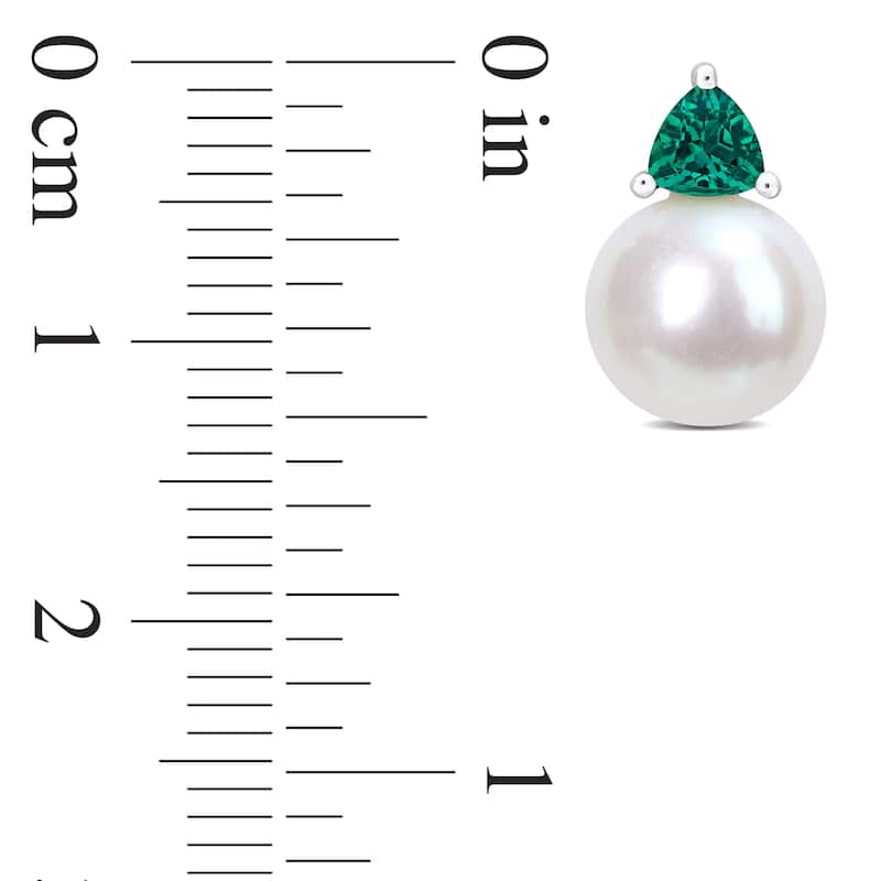 Miadora 8-8.5mm Cultured Freshwater Pearl and 2/5ct TGW Created Emerald Stud Earrings in 10k White Gold