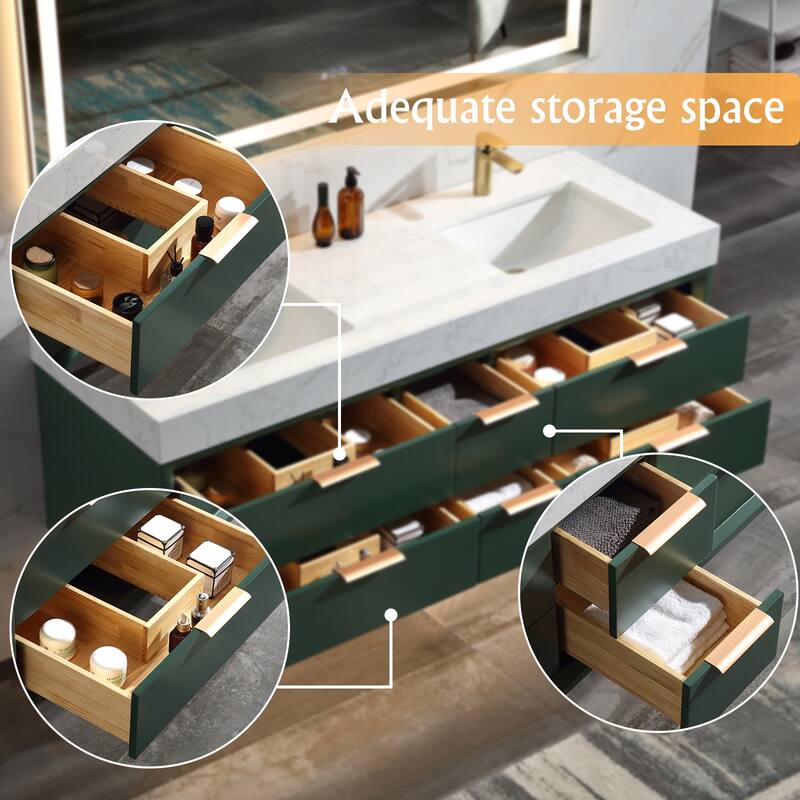 36/48/60 Modern LED Floating Bathroom Vanity with Single/Double Sink & Soft-Close Drawers & Waterproof, Green