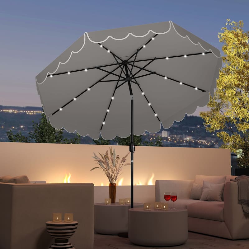 9.3 FT Outdoor Patio Polyester Umbrella with Solar LED Lights and Tilt Crank Metal Frame for Garden Deck