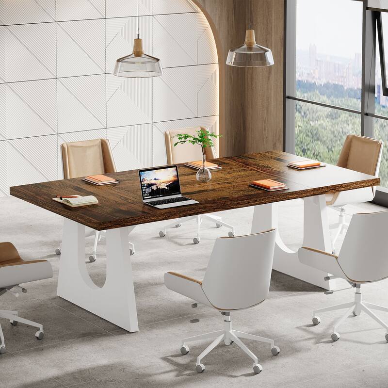 Wood Conference Table Oka Rectangular Office Meeting Room Desk - Brown & White