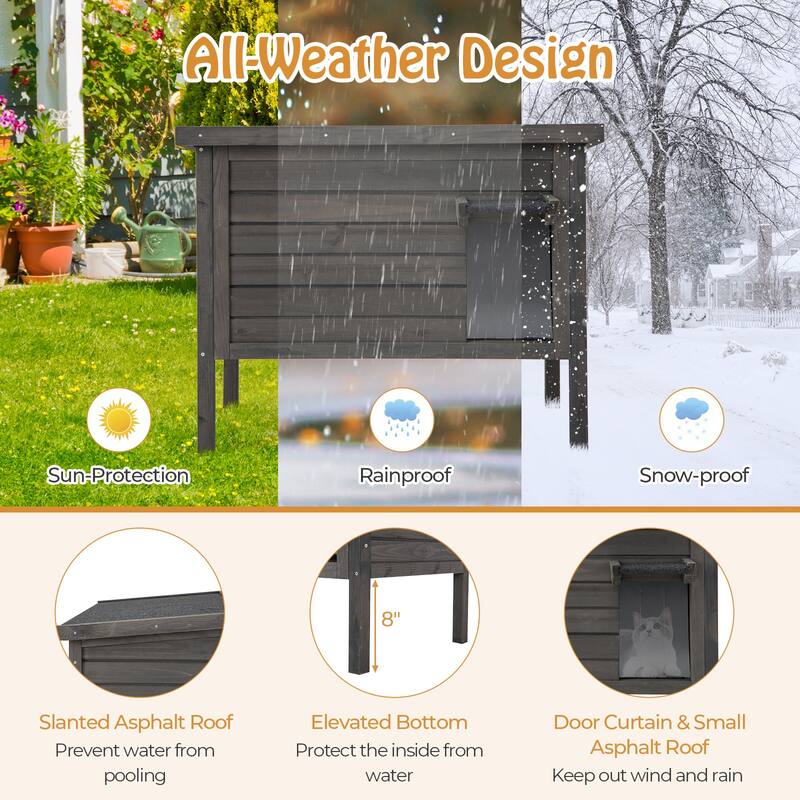 Gray Fir Wood Outdoor Cat House with Insulation, Asphalt Roof and Divider - 34.5" L x 22" W x 27" H