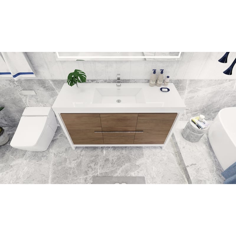 dolce 60 natural oak finish freestanding bath vanity with single basin reinforced acrylic top