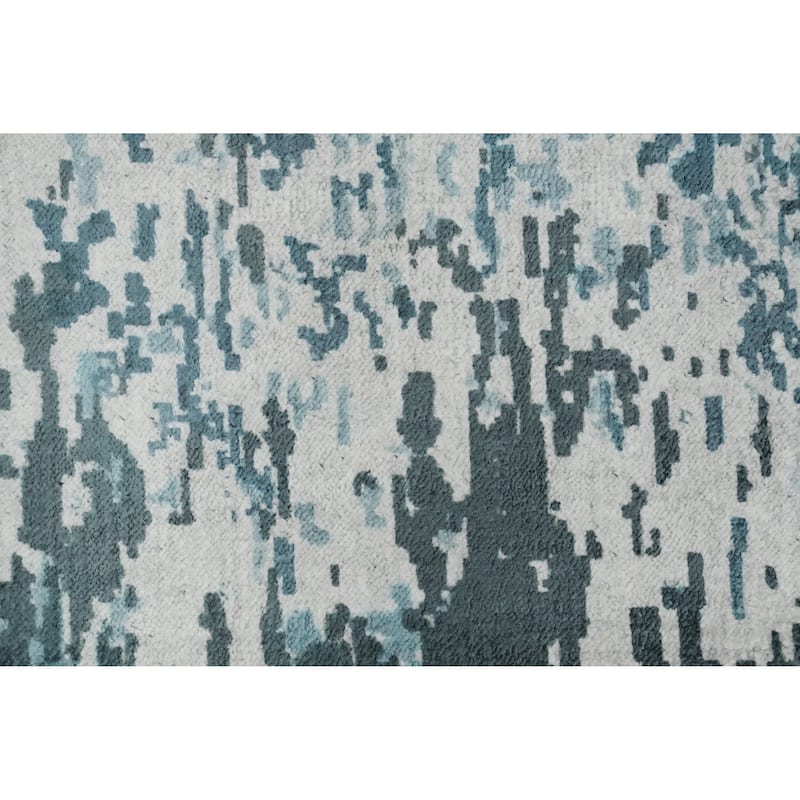 Hand Knotted Oriental Viscose Silk Carpet Modern Pictorial Navy Blue & Blues Abstract Area Rug - 7' 10'' X 5' 7''