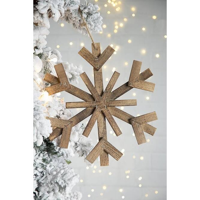 17.7" x 17.7" Large Fir Wood Snowflake Ornaments, Hanging Home Decor Accents for Christmas Tree, Wall Art, Set of 2 - Brown