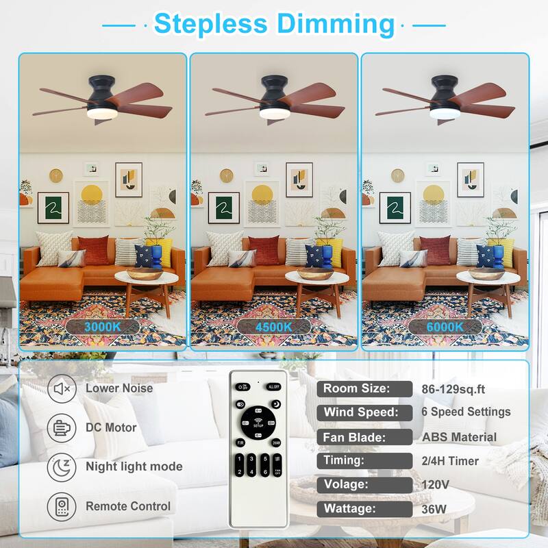 42/35 Inch Low Profile Ceiling Fan with Light: Dimmable, Remote Control, 6-Speed, 5 Blades