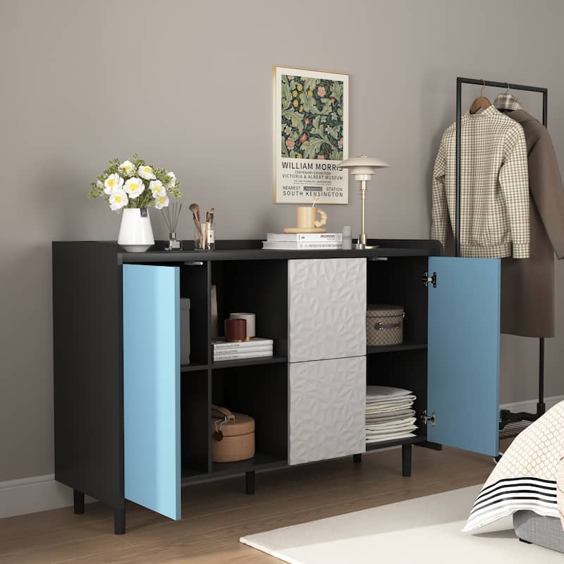 Sideboard Cabinet with Doors & 2 Drawers, Freestanding Coffee Bar Cabinet, Accent Cabinet with 2 Open Storage Compartment