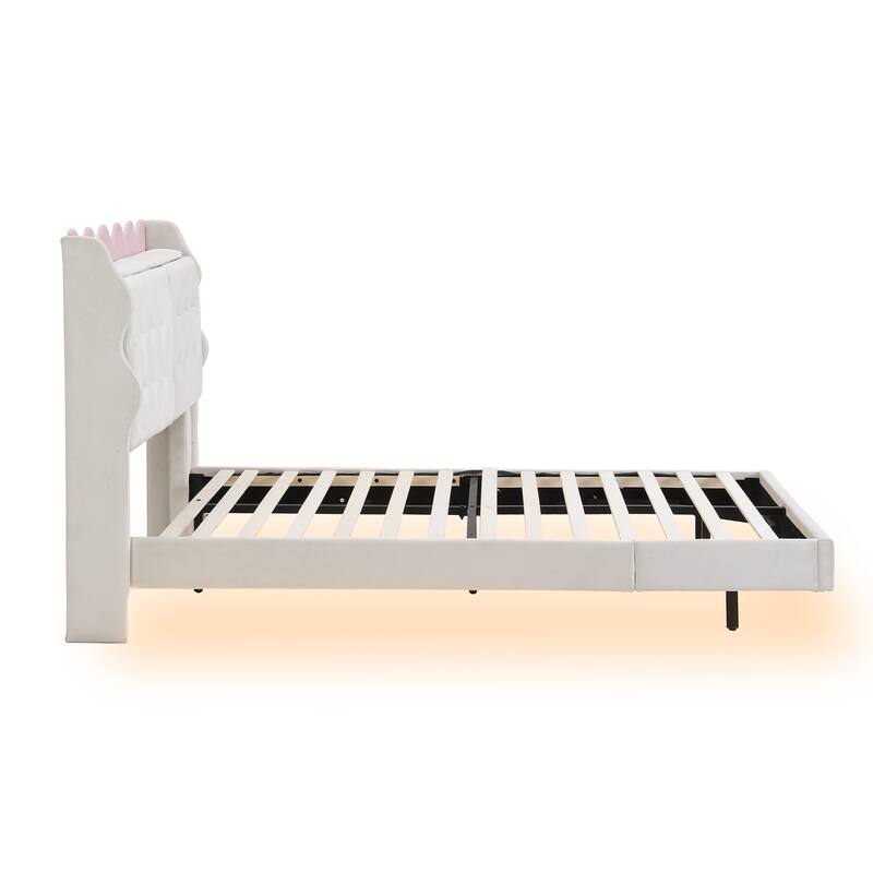 Twin Upholstered Platform Bed with LED Lights, Storage Headboard & USB Ports
