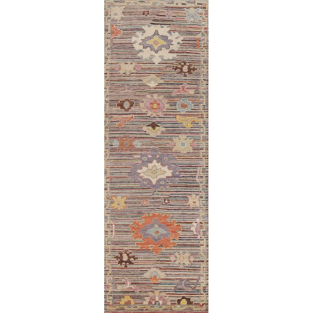 Hand Knotted Oriental 100% Wool Carpet Transitional Floral Multi-Colored Oushak Runner Rug - 9' 9'' X 2' 7''