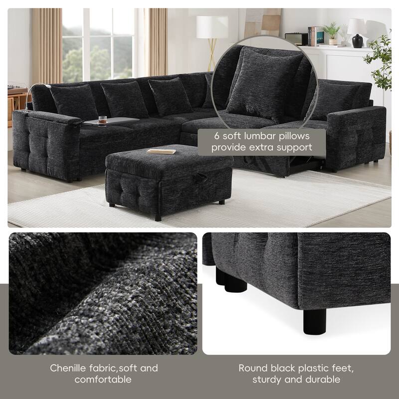 Tufted Chenille Sectional Sofa with Pull-out Bed, Flip-up Table Panel, Reading Lamp, Charging Ports, Storage Ottoman, 6 Pillows