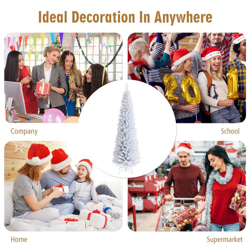 Gymax 5/6/7 FT Artificial Pencil White Christmas Tree Leafy Unlit Slim
