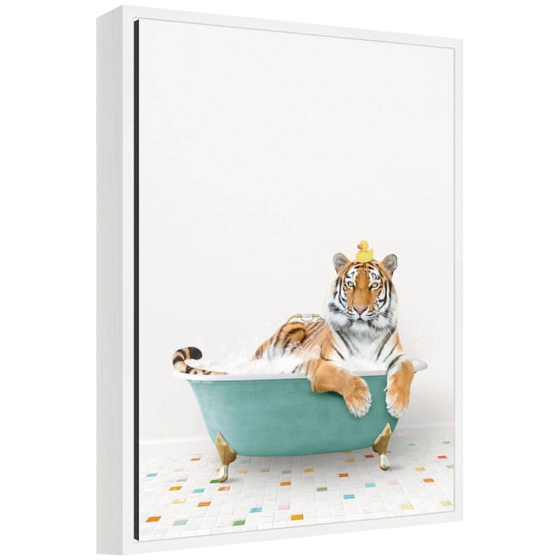 Kate and Laurel Sylvie Tiger in Teal Bathtub on Colored Tile Framed Canvas by Amy Peterson - White