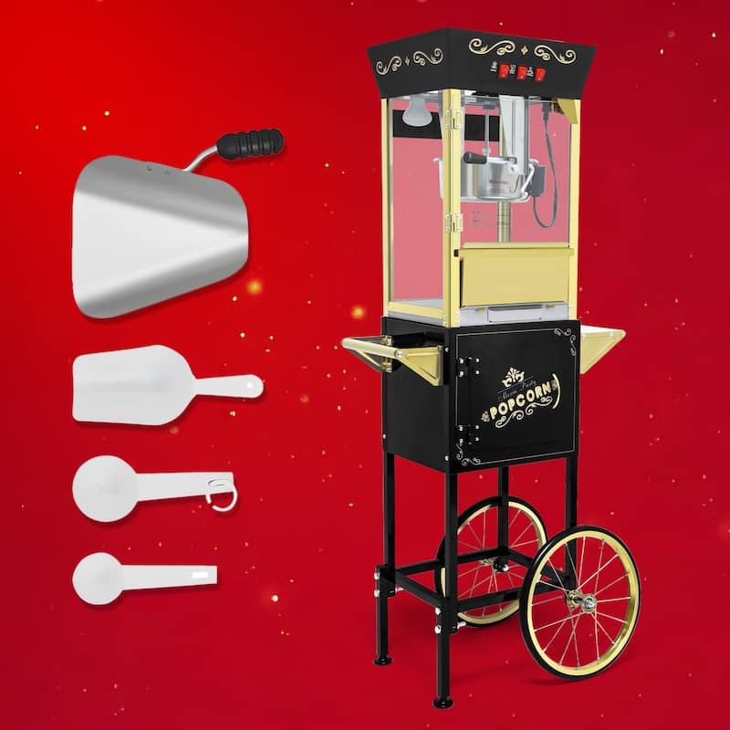 12oz Popcorn Machine Cart, Popcorn Cart with Wheels, Vintage Popcorn Machine with Stainless Steel Kettle