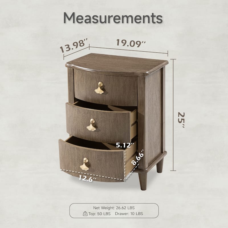 COZAYH Elegant 3-Drawer Nightstand with Gold Leaf Handles, Vintage Curved Front Design, Distressed Finish