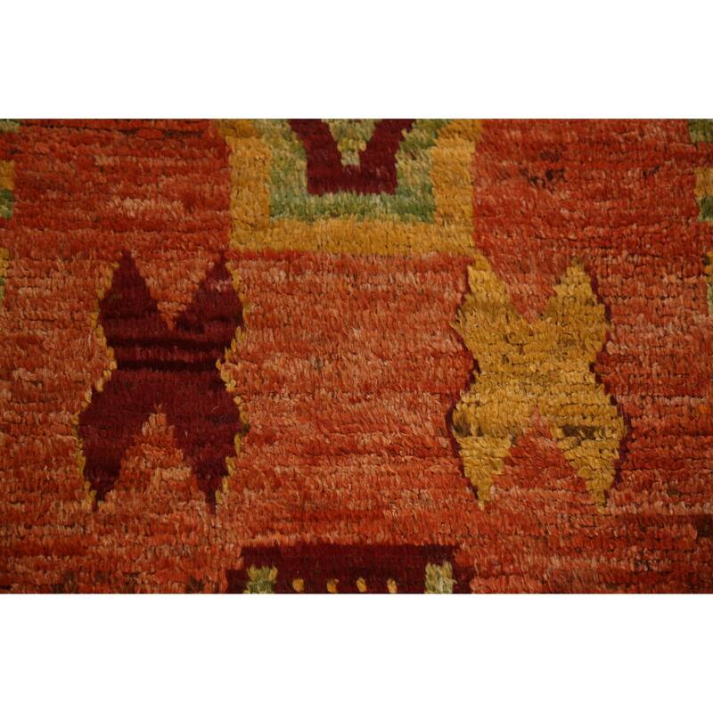 Geometric Orange Moroccan Oriental Runner Rug Hand-Knotted Wool Carpet - 3'1" x 9'9"