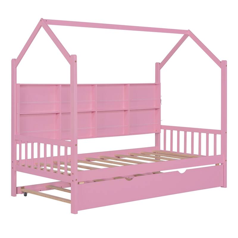 Pinewood Kids House Platform Bed with Trundle, Shelf, Roof